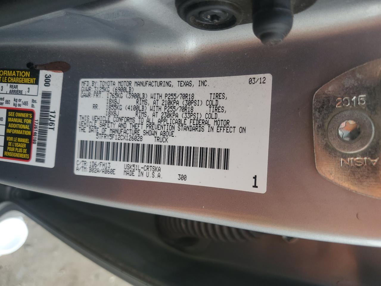 2012 Toyota Tundra Double Cab Sr5 VIN: 5TFRY5F12CX126028 Lot: 64610535