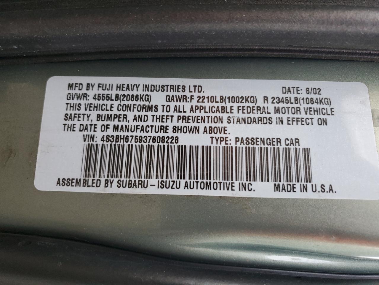 2003 Subaru Legacy Outback Awp VIN: 4S3BH675937608228 Lot: 66093835