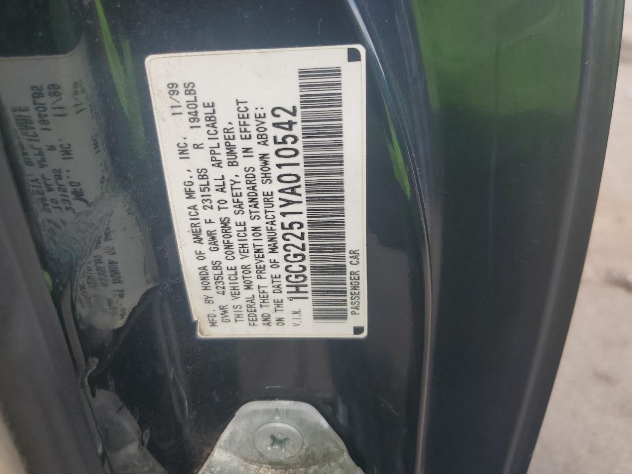 2000 Honda Accord Ex VIN: 1HGCG2251YA010542 Lot: 63369805