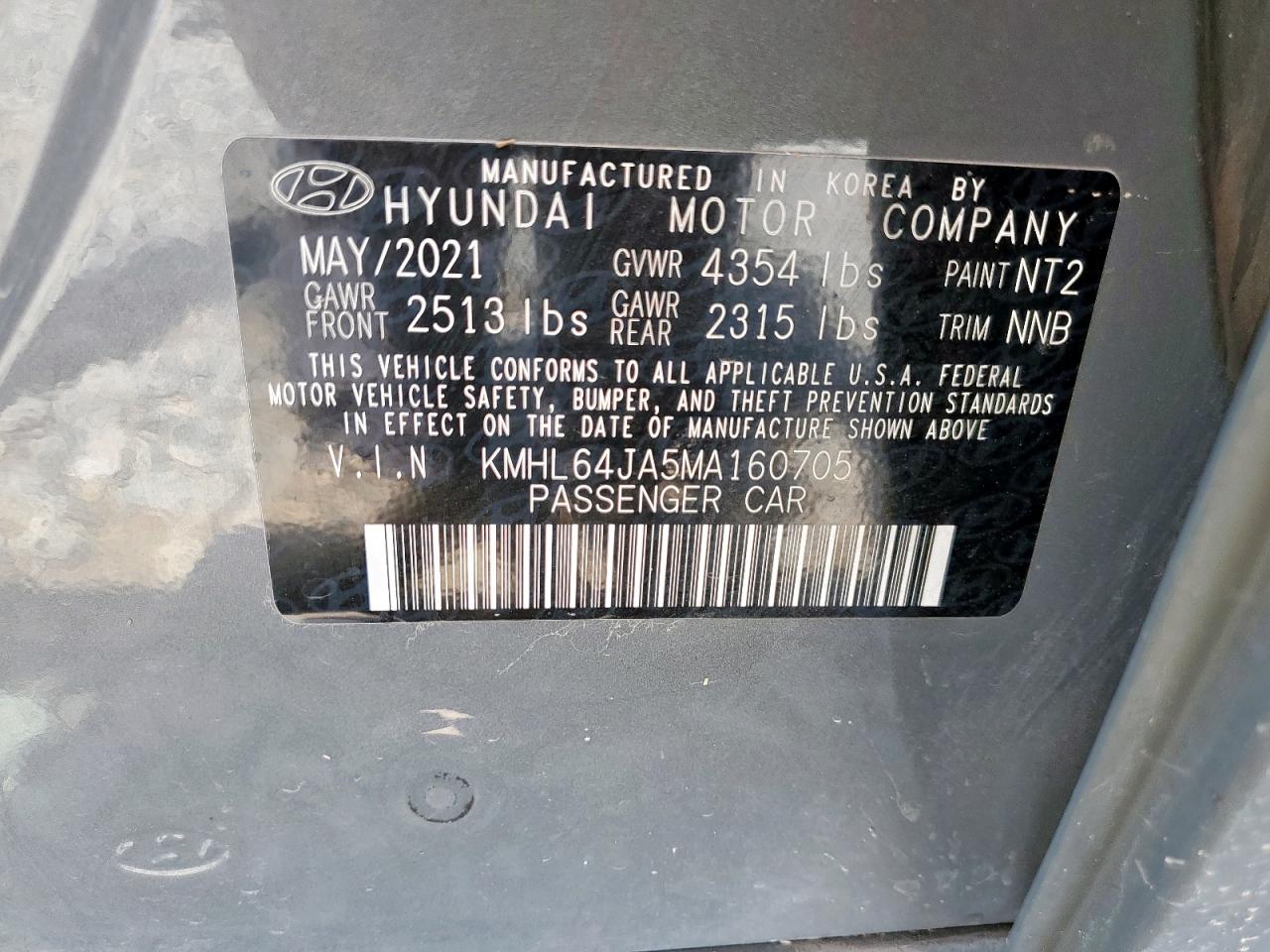 2021 Hyundai Sonata Sel VIN: KMHL64JA5MA160705 Lot: 65193385
