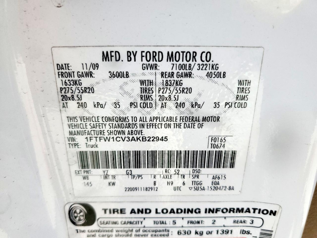 2010 Ford F150 Supercrew VIN: 1FTFW1CV3AKB22945 Lot: 64975305
