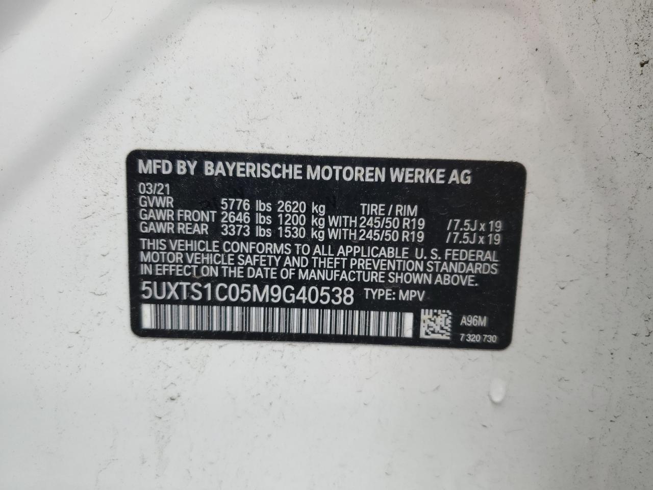 2021 BMW X3 xDrive30E VIN: 5UXTS1C05M9G40538 Lot: 63467315