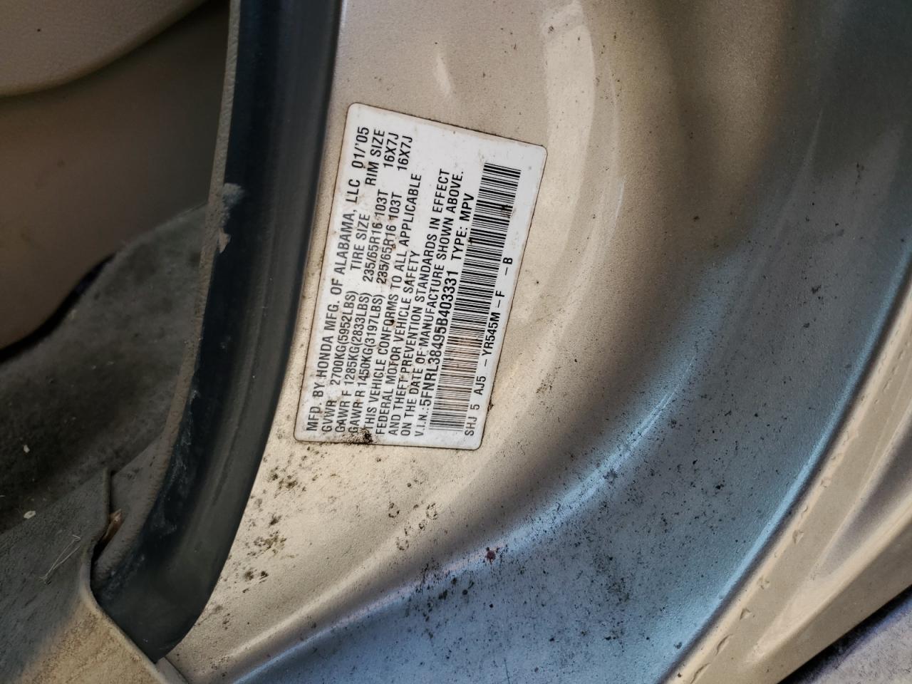 2005 Honda Odyssey Ex VIN: 5FNRL38495B403331 Lot: 63851875