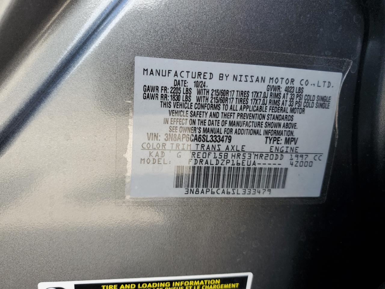 2025 Nissan Kicks Sv VIN: 3N8AP6CA6SL333479 Lot: 64885105