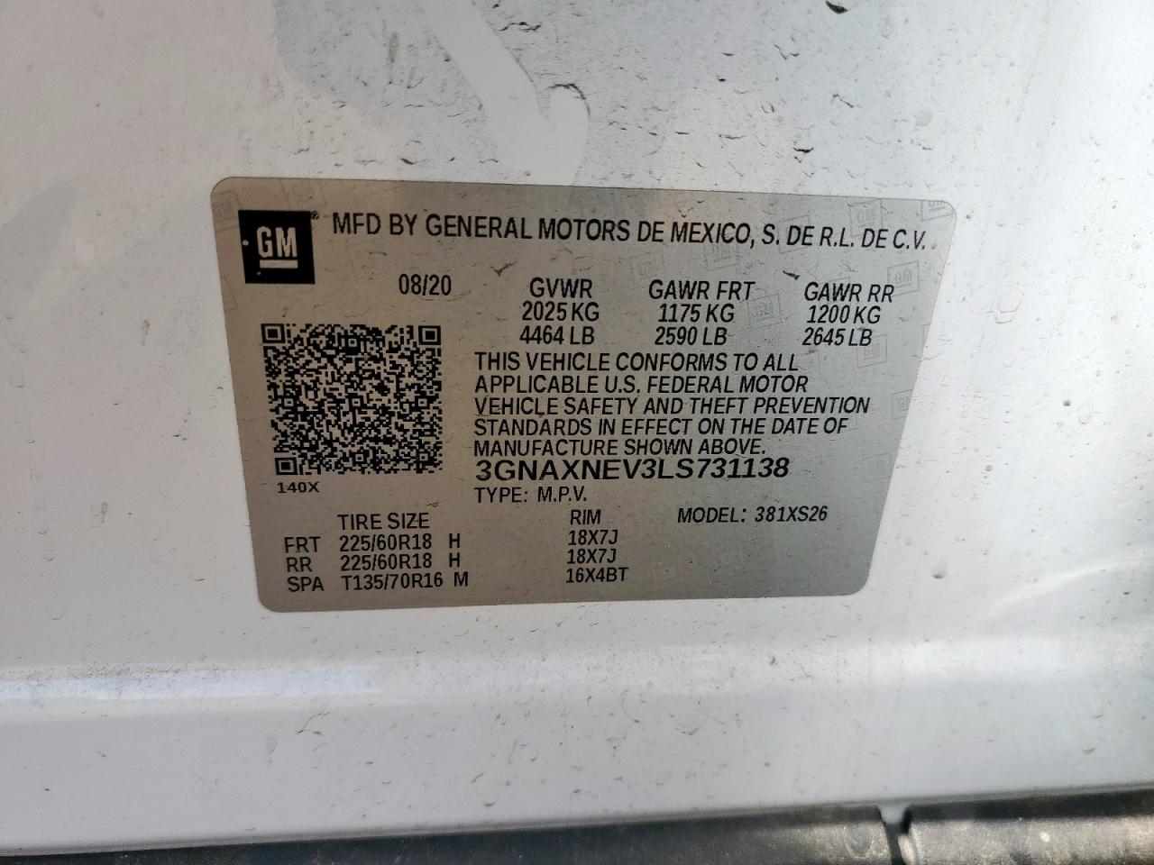 2020 Chevrolet Equinox Premier VIN: 3GNAXNEV3LS731138 Lot: 64982625