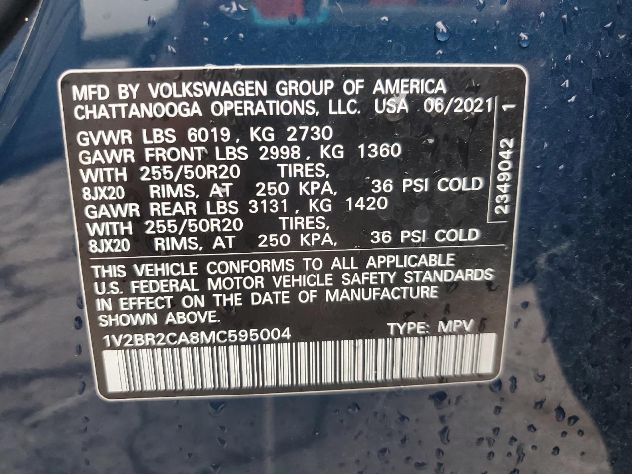 2021 Volkswagen Atlas Sel VIN: 1V2BR2CA8MC595004 Lot: 67095645