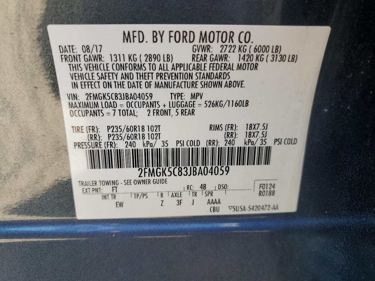2018 Ford Flex Sel VIN: 2FMGK5C83JBA04059 Lot: 65448305