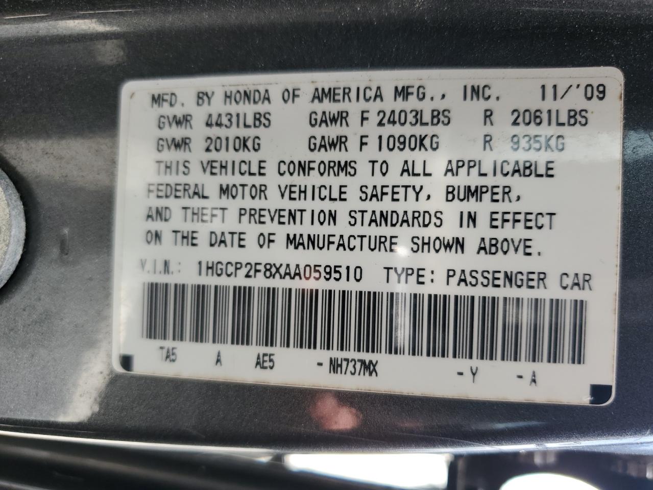 2010 Honda Accord Exl VIN: 1HGCP2F8XAA059510 Lot: 65322865