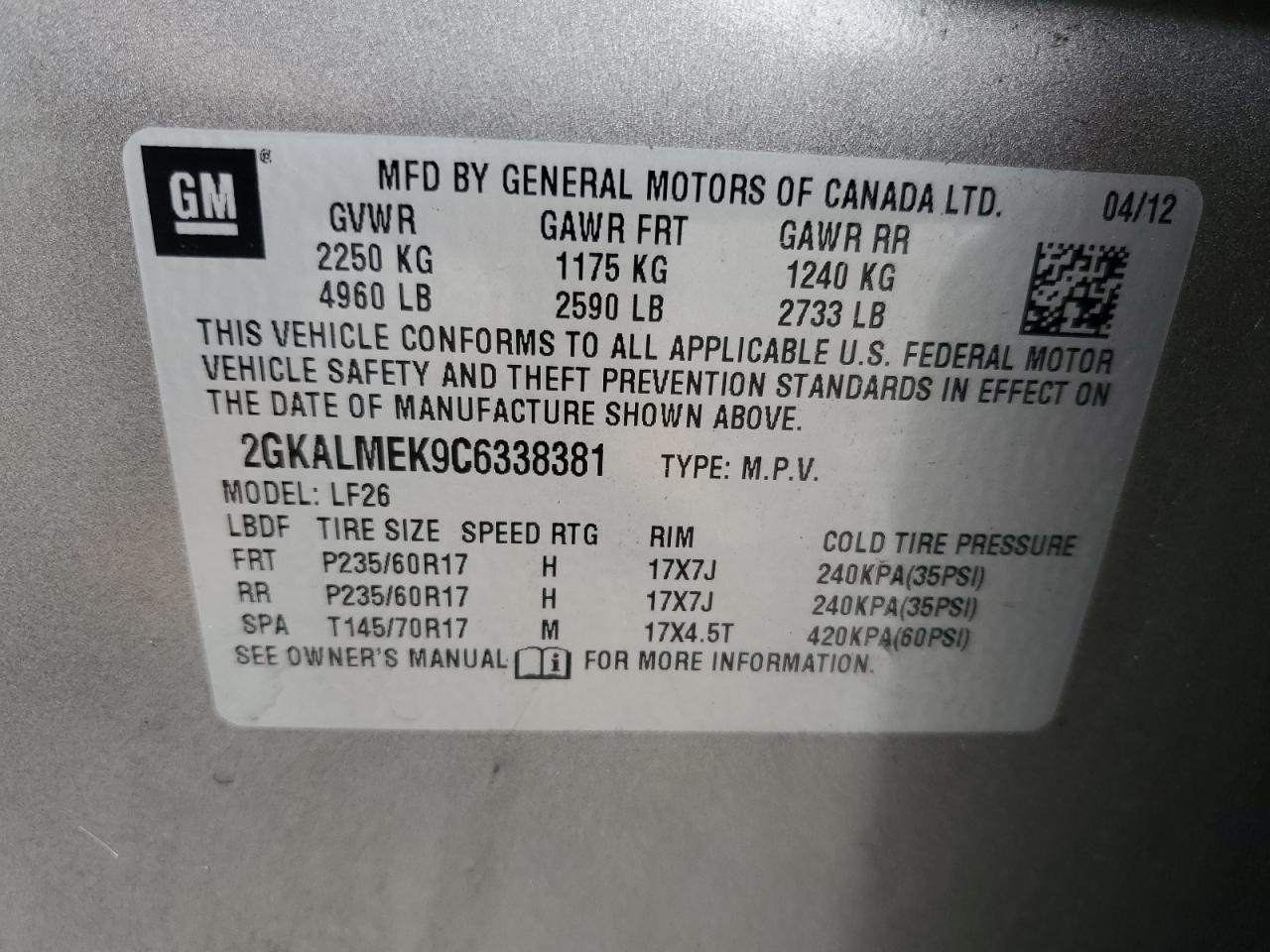 2012 GMC Terrain Sle VIN: 2GKALMEK9C6338381 Lot: 63317535