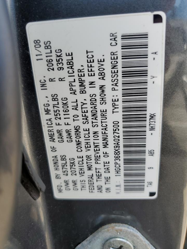 2009 Honda Accord Exl VIN: 1HGCP368X9A027500 Lot: 65073545