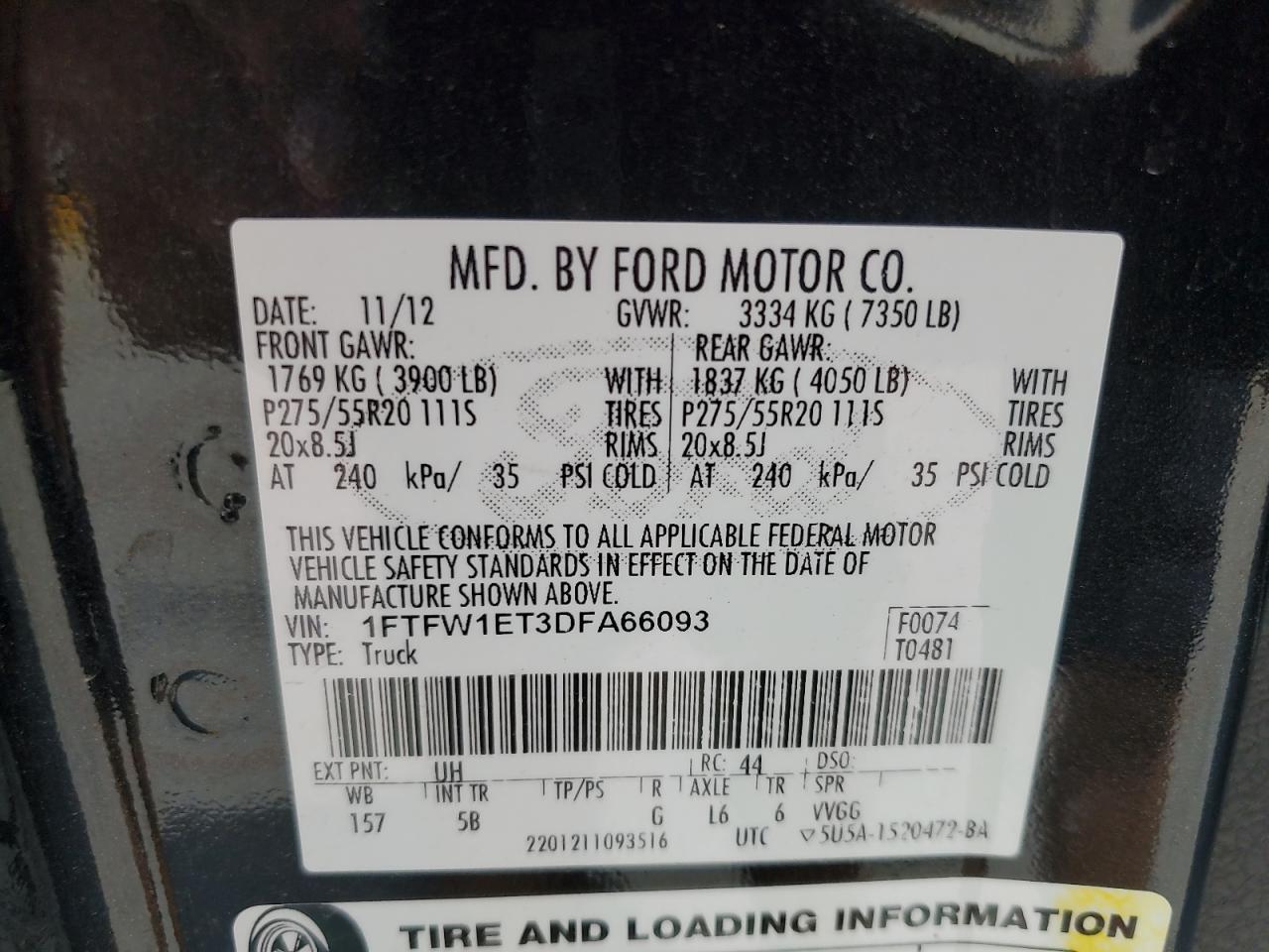 2013 Ford F150 Supercrew VIN: 1FTFW1ET3DFA66093 Lot: 64198655
