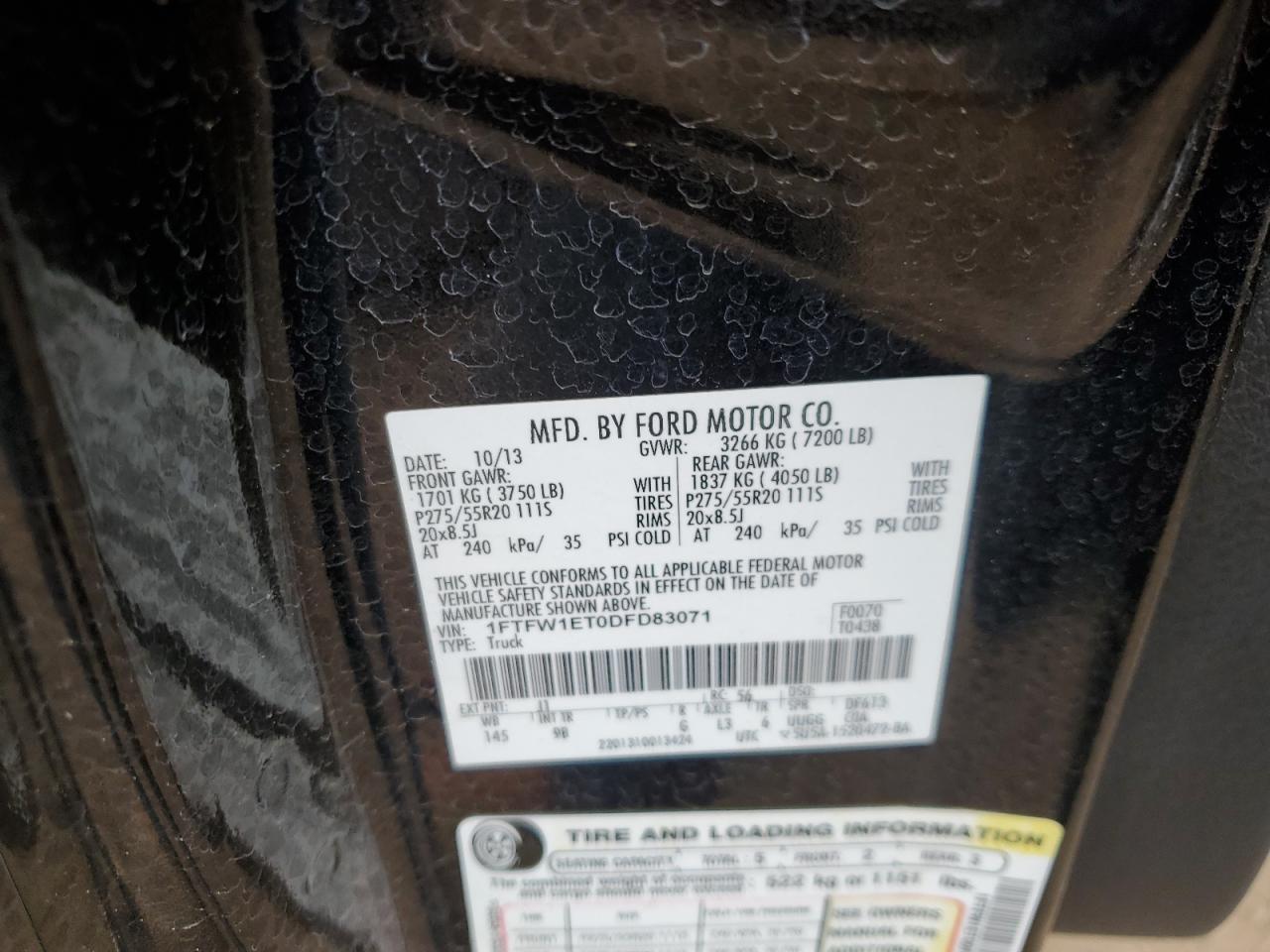2013 Ford F150 Supercrew VIN: 1FTFW1ET0DFD83071 Lot: 64643655