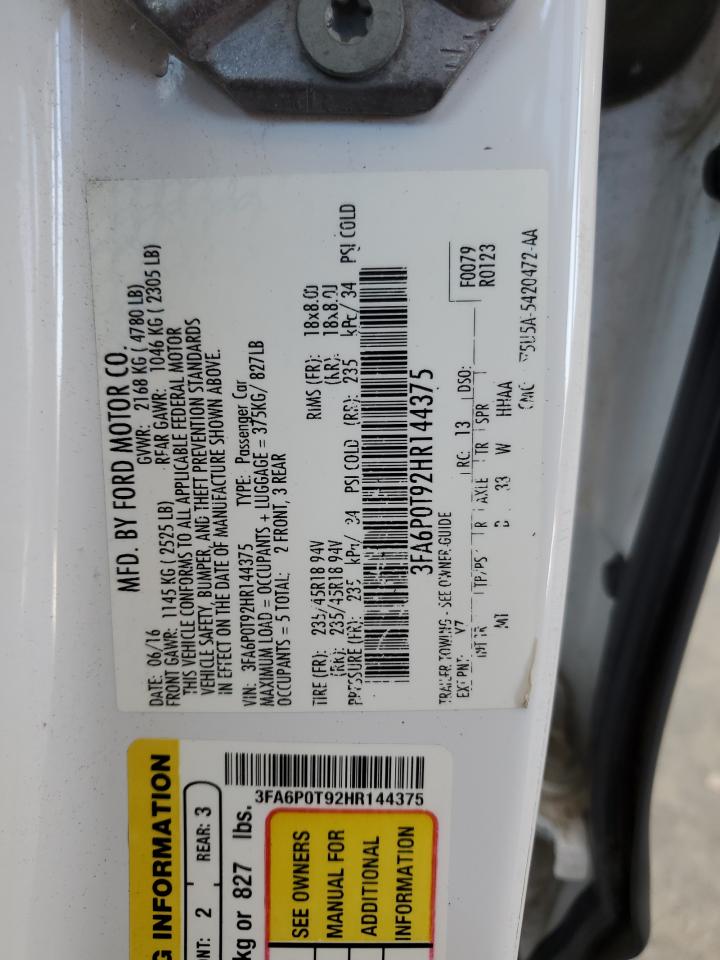 2017 Ford Fusion Se VIN: 3FA6P0T92HR144375 Lot: 66143655