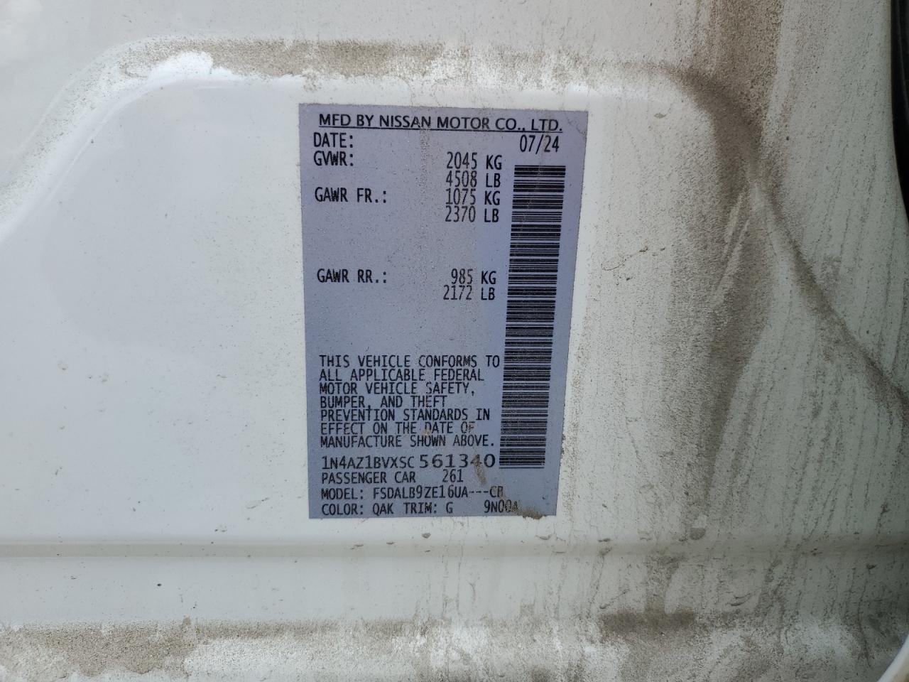 2025 Nissan Leaf S VIN: 1N4AZ1BVXSC561340 Lot: 62814365