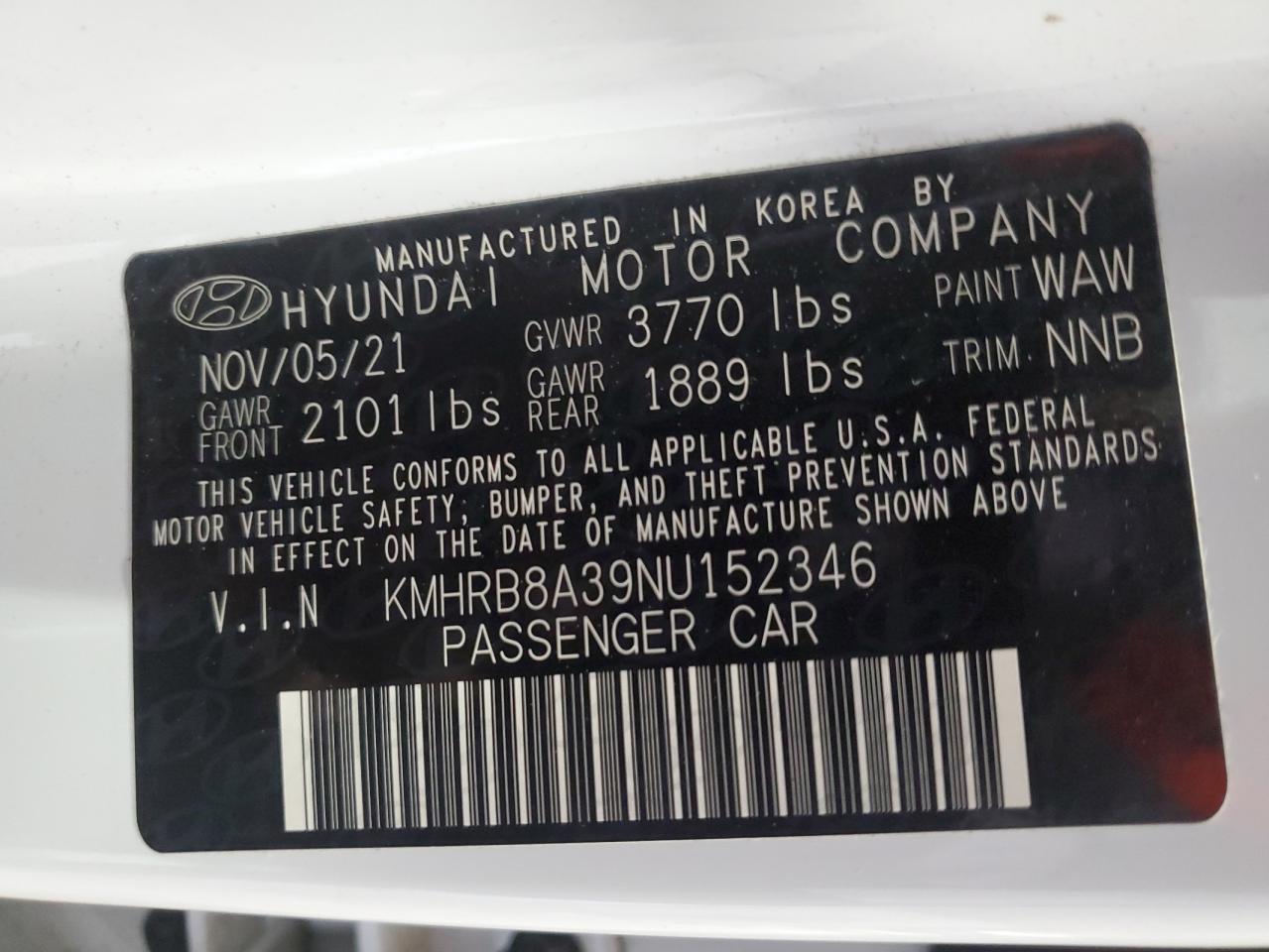 2022 Hyundai Venue Se VIN: KMHRB8A39NU152346 Lot: 62985205