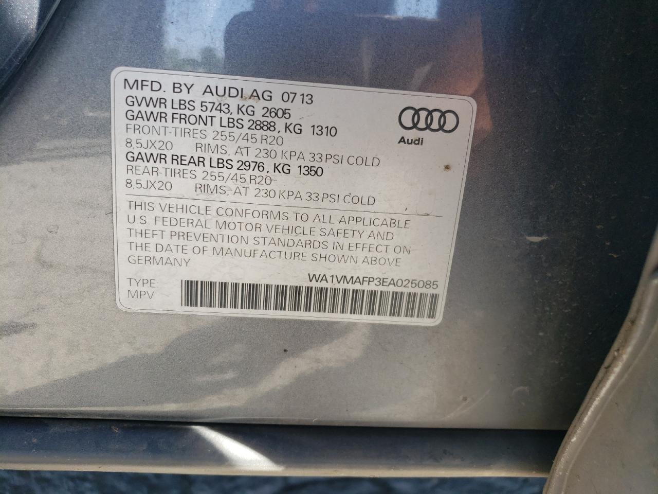 2014 Audi Q5 Tdi Prestige VIN: WA1VMAFP3EA025085 Lot: 65168845