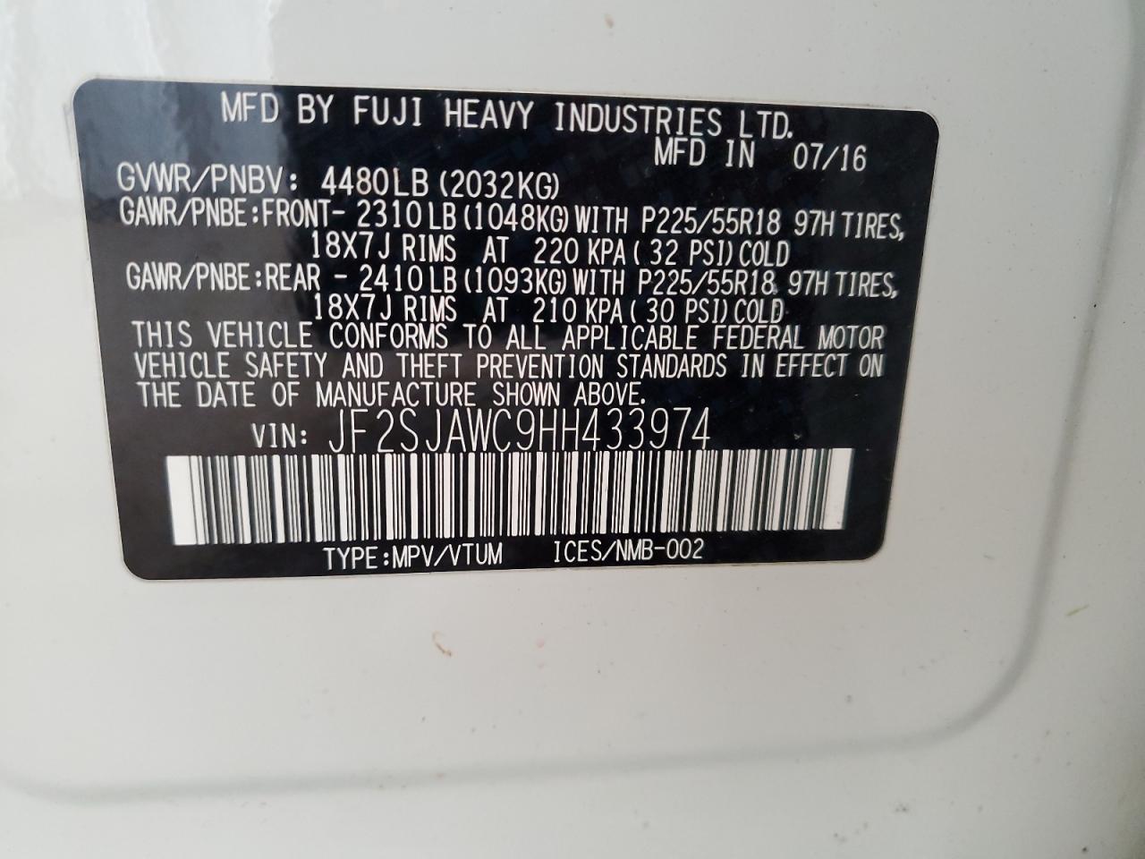 2017 Subaru Forester 2.5I Touring VIN: JF2SJAWC9HH433974 Lot: 63945795
