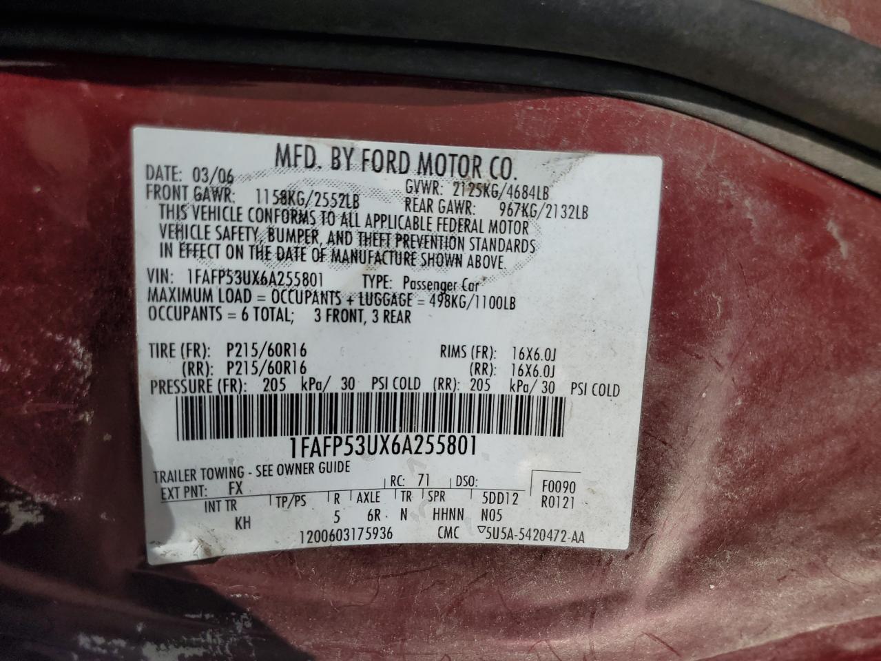 2006 Ford Taurus Se VIN: 1FAFP53UX6A255801 Lot: 64521135
