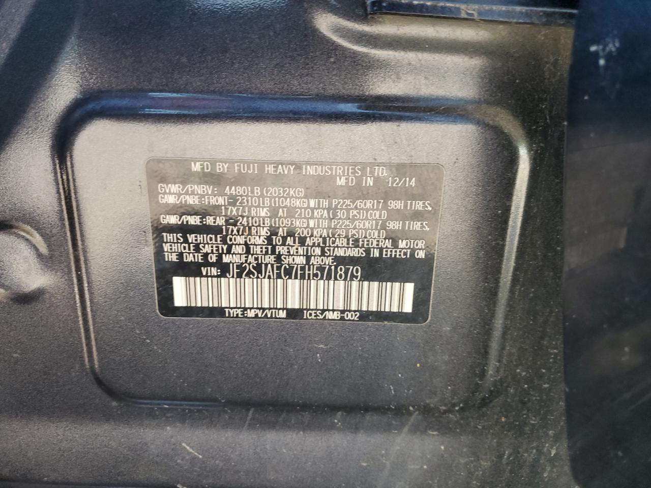 2015 Subaru Forester 2.5I Premium VIN: JF2SJAFC7FH571879 Lot: 64368395