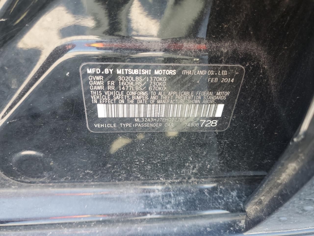 2014 Mitsubishi Mirage De VIN: ML32A3HJ7EH022755 Lot: 63745365