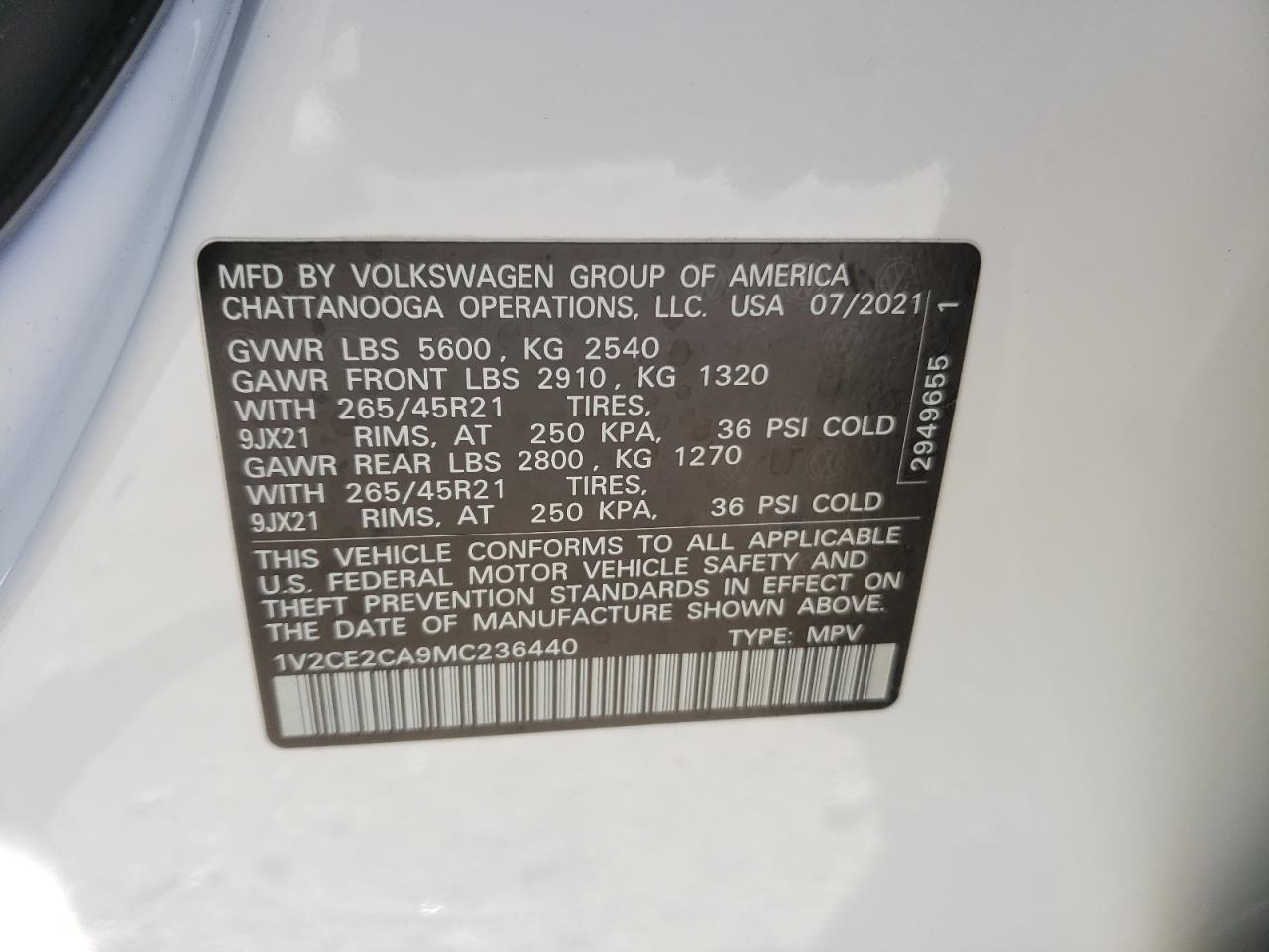 1v2ce2ca9mc236440 1V2CE2CA9MC236440 2021 Volkswagen Atlas Cross Sport Sel R-Line