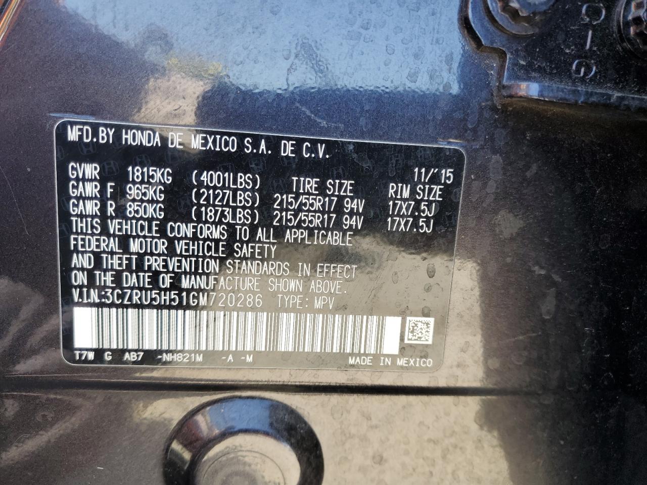 2016 Honda Hr-V Ex VIN: 3CZRU5H51GM720286 Lot: 63518495