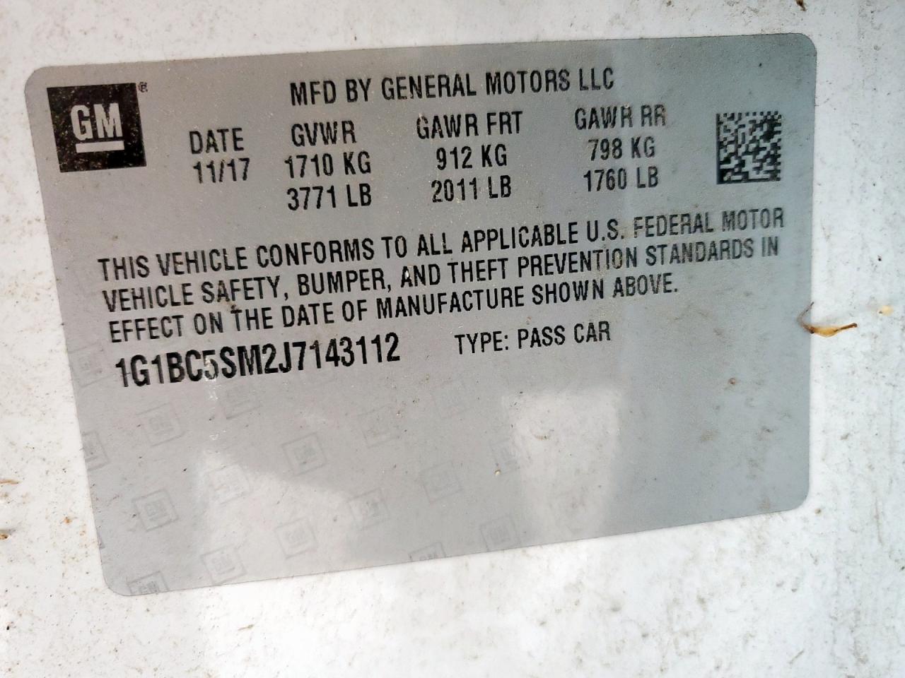 2018 Chevrolet Cruze Ls VIN: 1G1BC5SM2J7143112 Lot: 64485035
