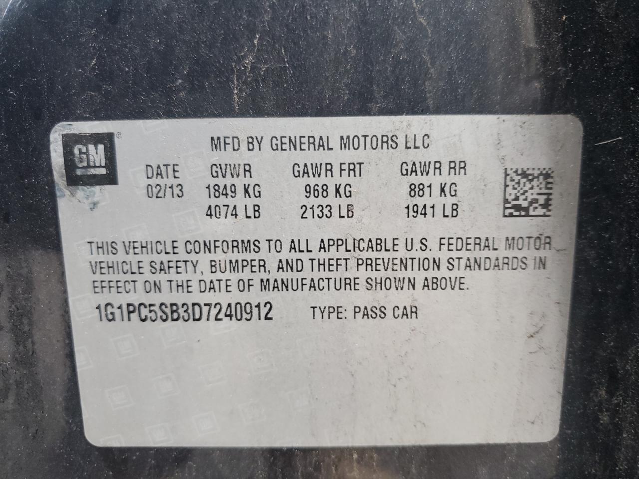 2013 Chevrolet Cruze Lt VIN: 1G1PC5SB3D7240912 Lot: 64302965