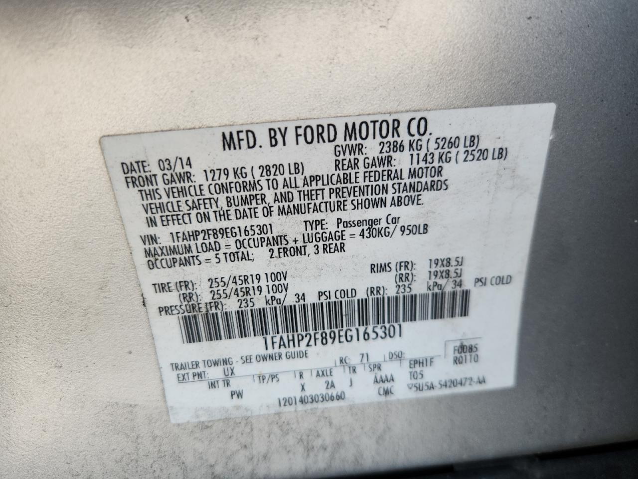 2014 Ford Taurus Limited VIN: 1FAHP2F89EG165301 Lot: 63856455