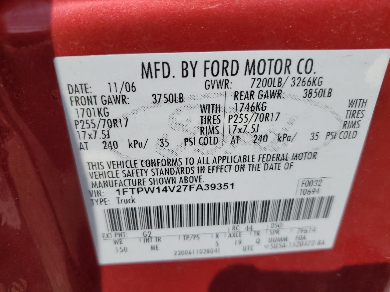 2007 Ford F150 Supercrew VIN: 1FTPW14V27FA39351 Lot: 64104015