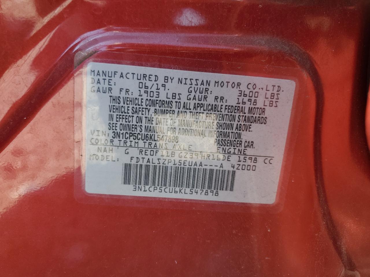 2019 Nissan Kicks S VIN: 3N1CP5CU6KL547898 Lot: 67076775