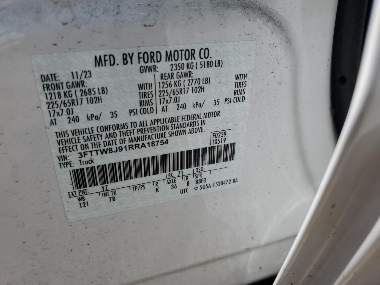 2024 Ford Maverick Xlt VIN: 3FTTW8J91RRA18754 Lot: 65247505