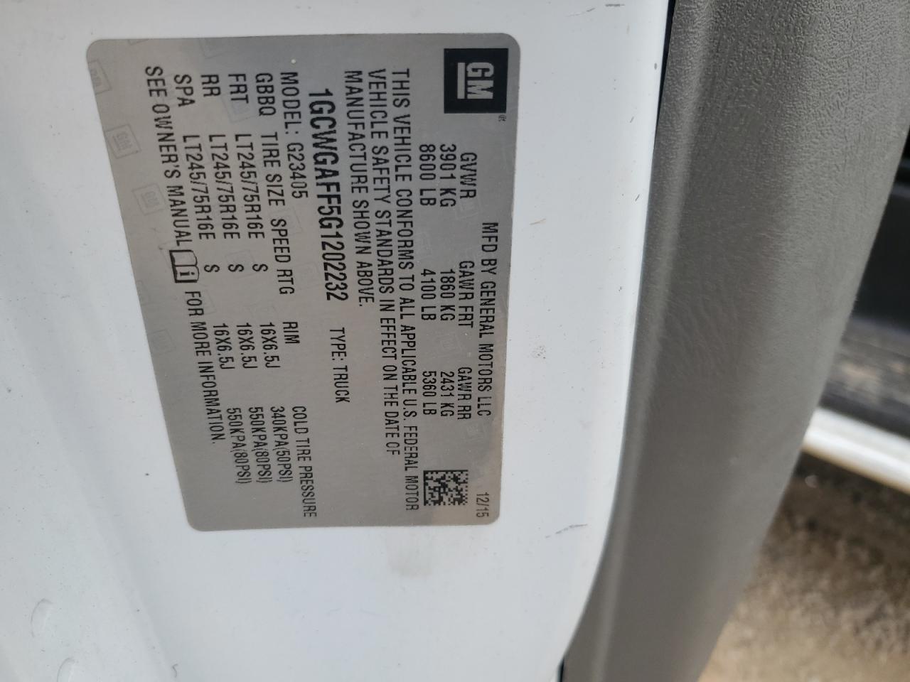 2016 Chevrolet Express G2500 VIN: 1GCWGAFF5G1202232 Lot: 63797375