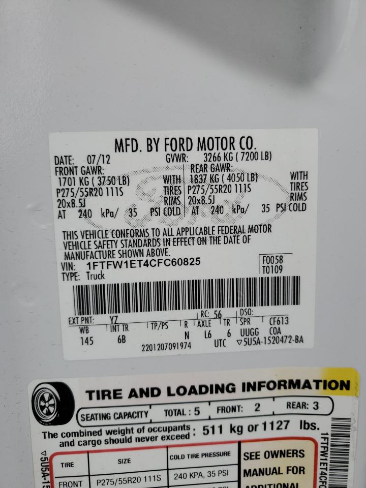 2012 Ford F150 Supercrew VIN: 1FTFW1ET4CFC60825 Lot: 65588235