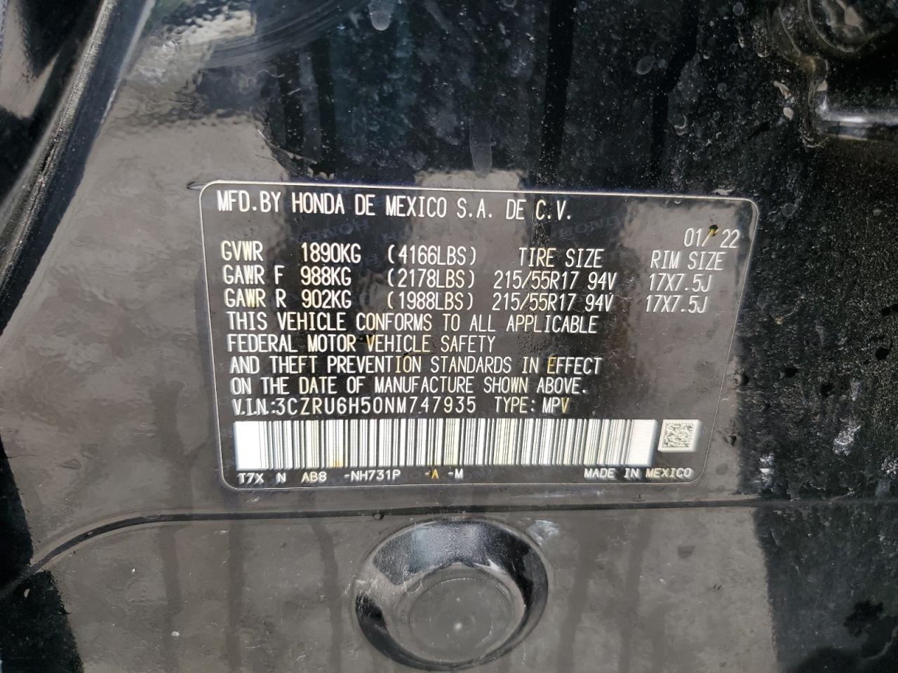 2022 Honda Hr-V Ex VIN: 3CZRU6H50NM747935 Lot: 64517555