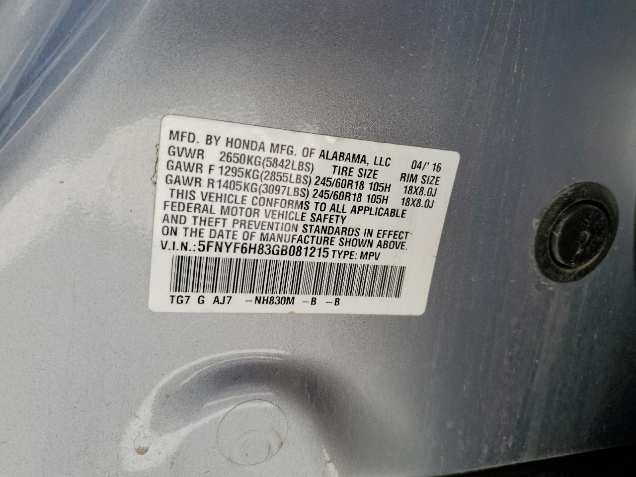 2016 Honda Pilot Exl VIN: 5FNYF6H83GB081215 Lot: 64480375