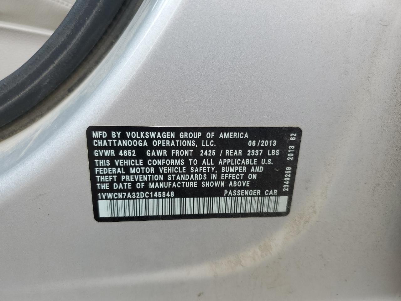 2013 Volkswagen Passat Sel VIN: 1VWCN7A32DC145848 Lot: 64662715
