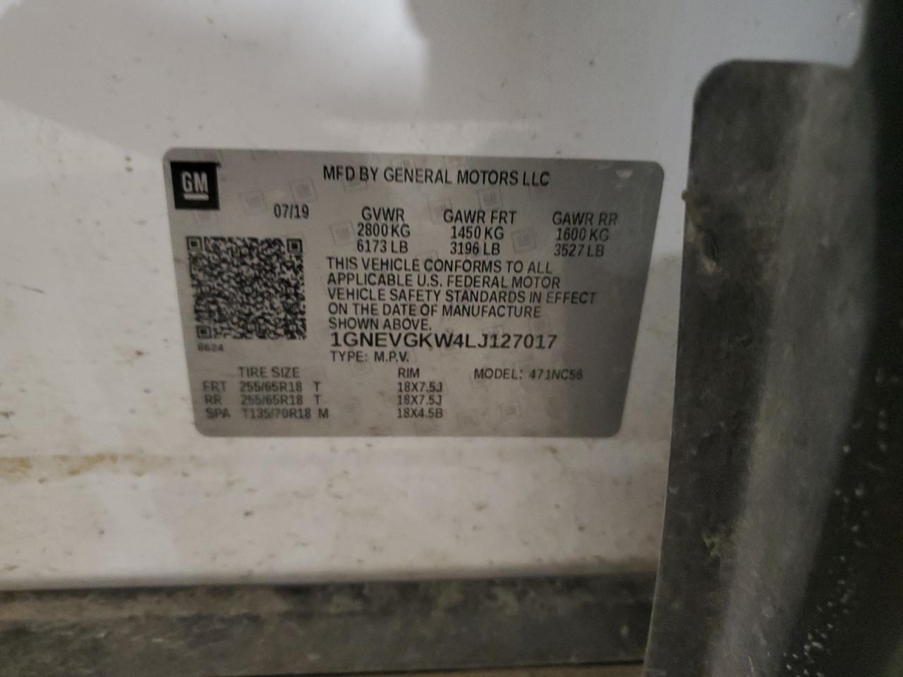 2020 Chevrolet Traverse Lt VIN: 1GNEVGKW4LJ127017 Lot: 63279345