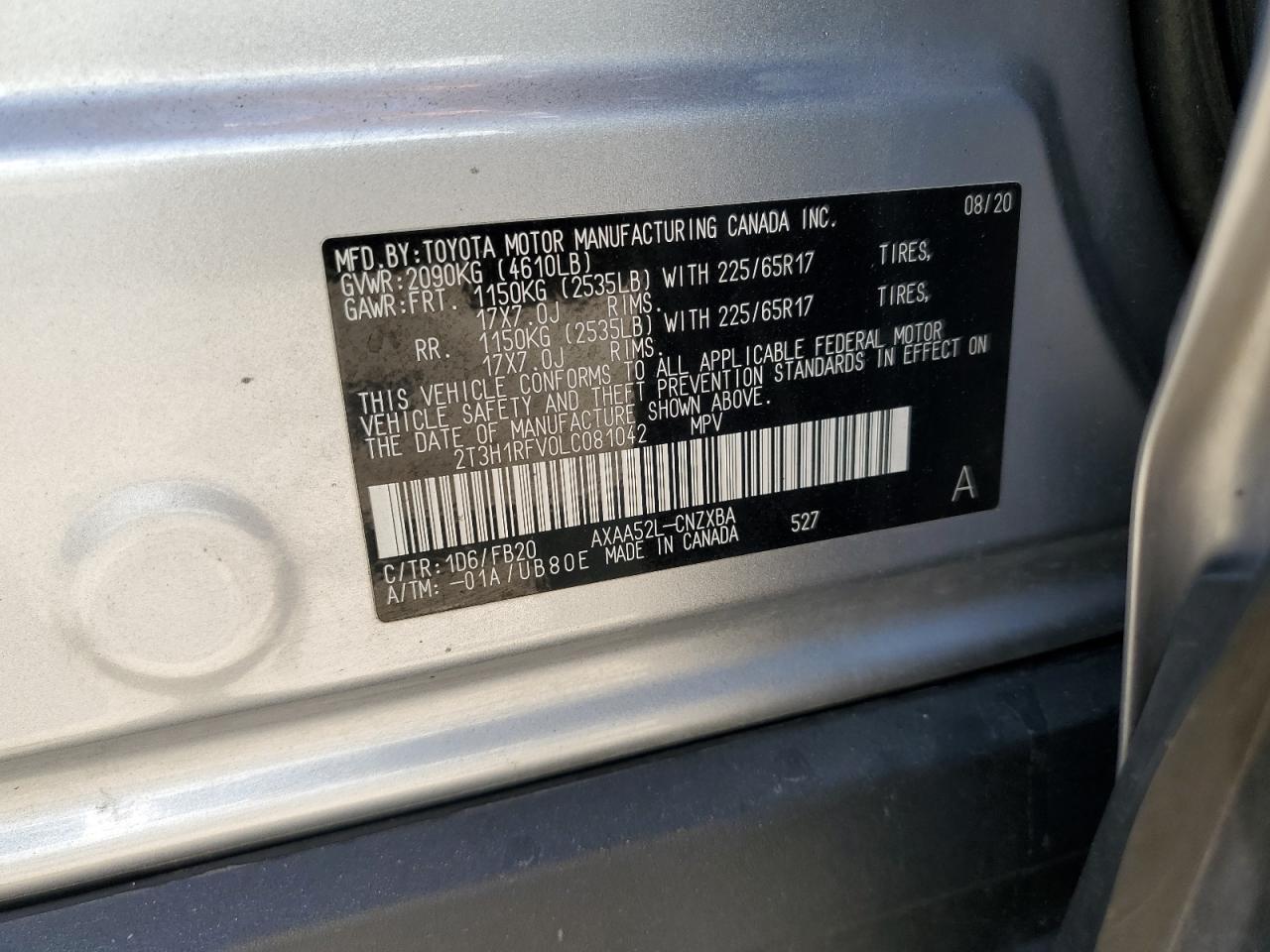 2020 Toyota Rav4 Le VIN: 2T3H1RFV0LC081042 Lot: 65540765
