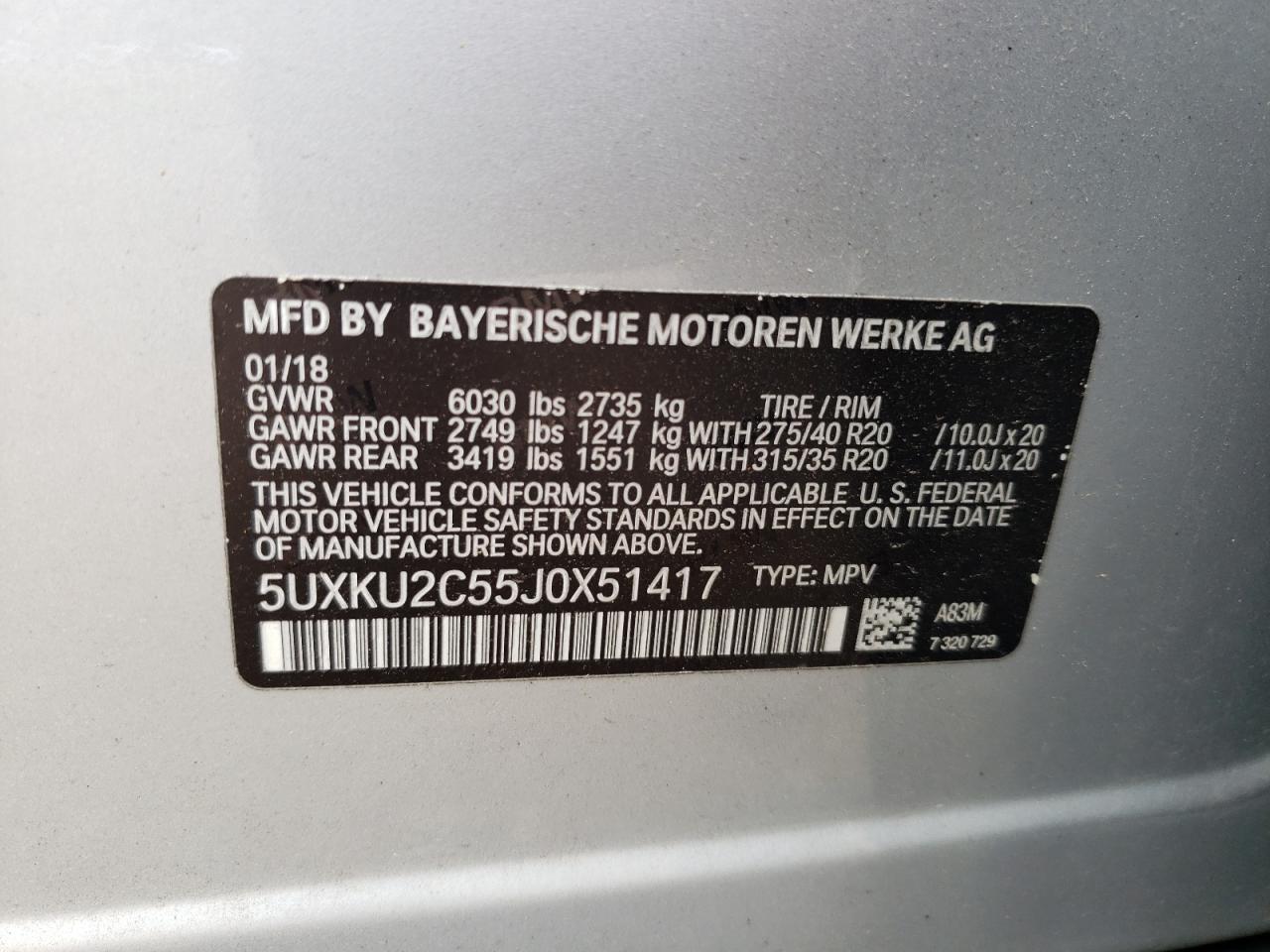 2018 BMW X6 xDrive35I VIN: 5UXKU2C55J0X51417 Lot: 62757965