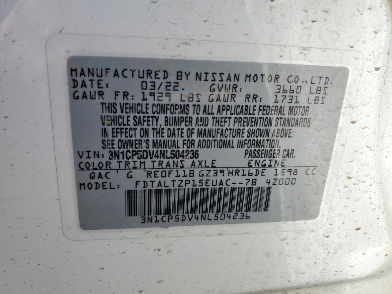 2022 Nissan Kicks Sr VIN: 3N1CP5DV4NL504236 Lot: 66194775