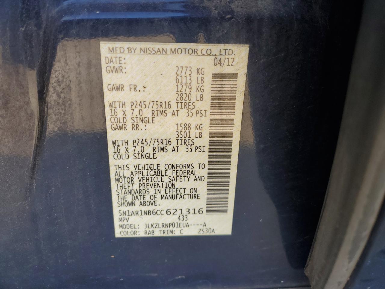 2012 Nissan Pathfinder S VIN: 5N1AR1NB6CC621316 Lot: 63048575