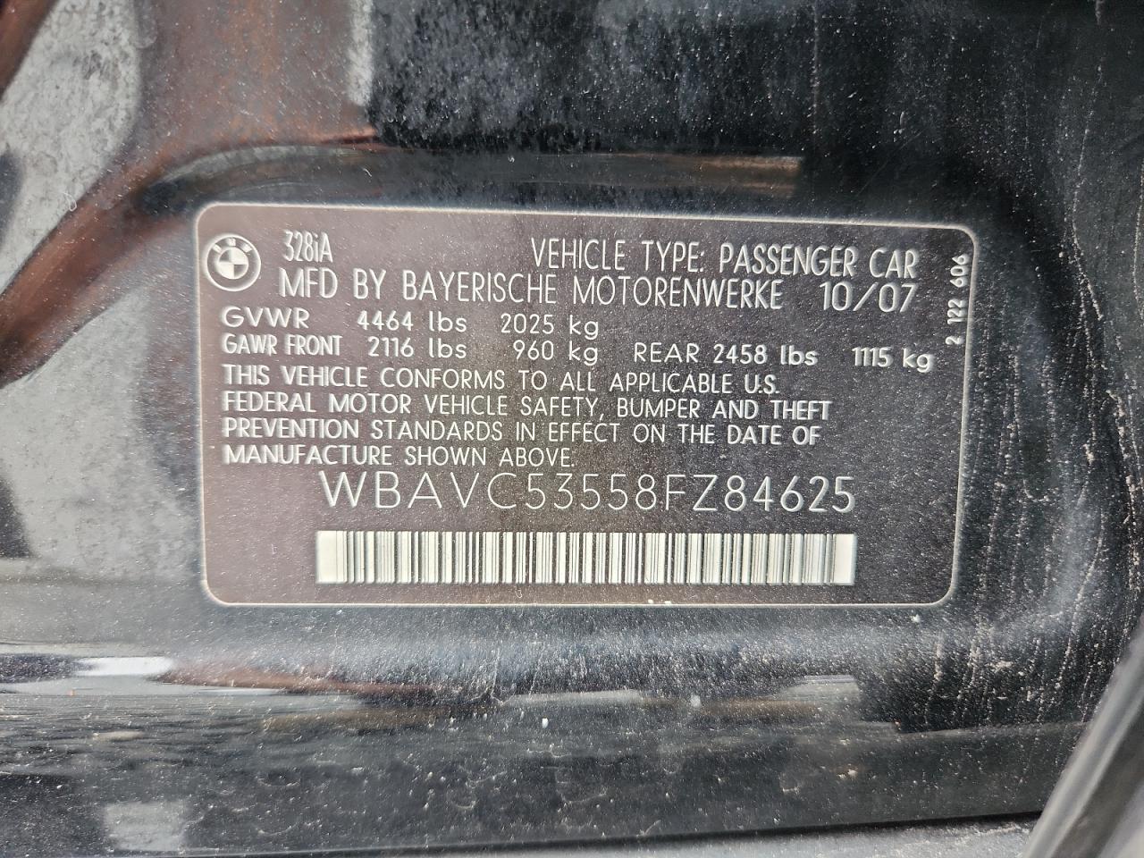 2008 BMW 328 I Sulev VIN: WBAVC53558FZ84625 Lot: 64279835