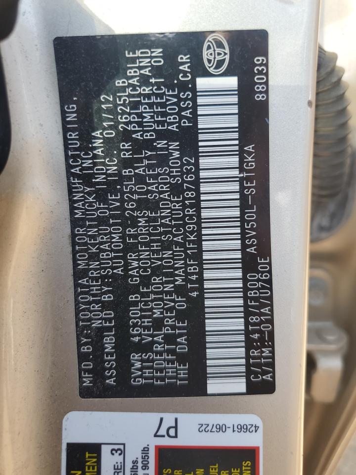 2012 Toyota Camry Base VIN: 4T4BF1FK9CR187632 Lot: 65416015