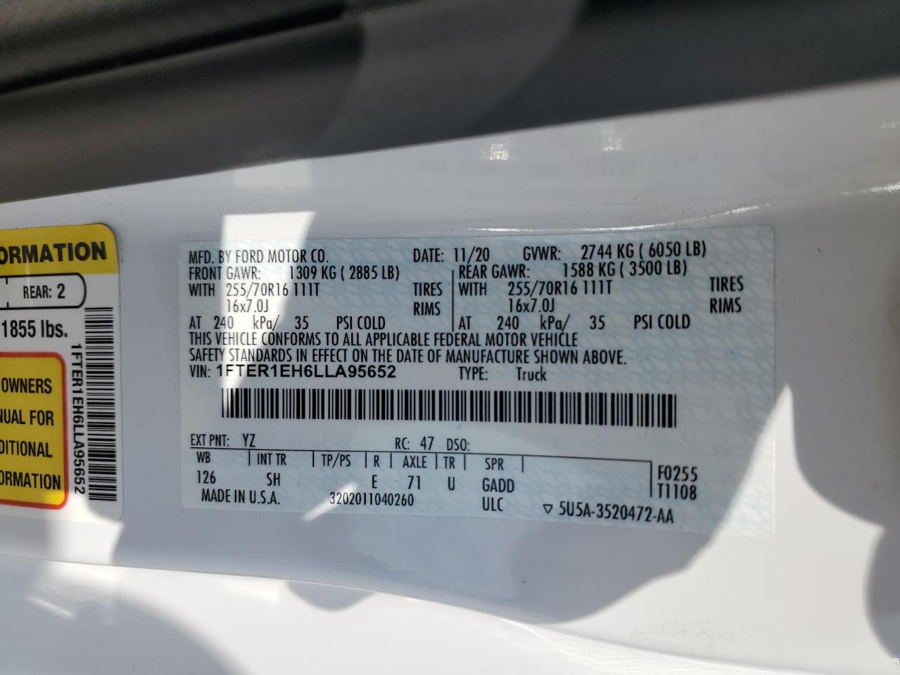 2020 Ford Ranger Xl VIN: 1FTER1EH6LLA95652 Lot: 64577605