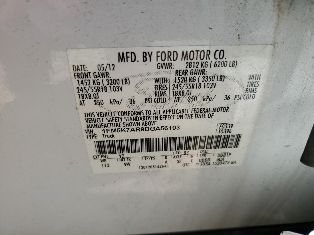 2013 Ford Explorer Police Interceptor VIN: 1FM5K7AR9DGA56193 Lot: 63802485