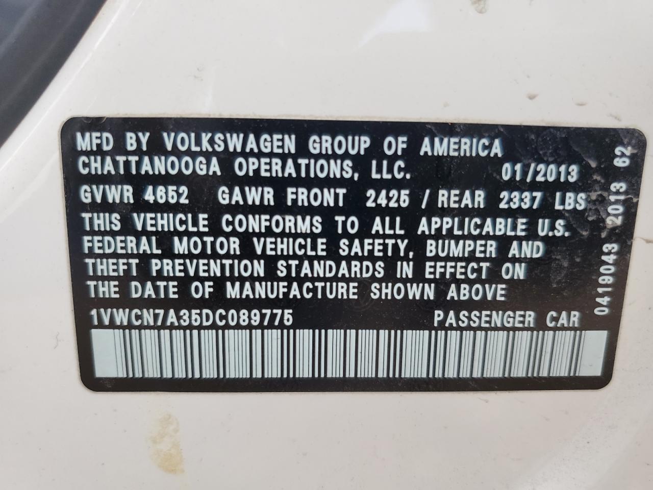 2013 Volkswagen Passat Sel VIN: 1VWCN7A35DC089775 Lot: 65277155