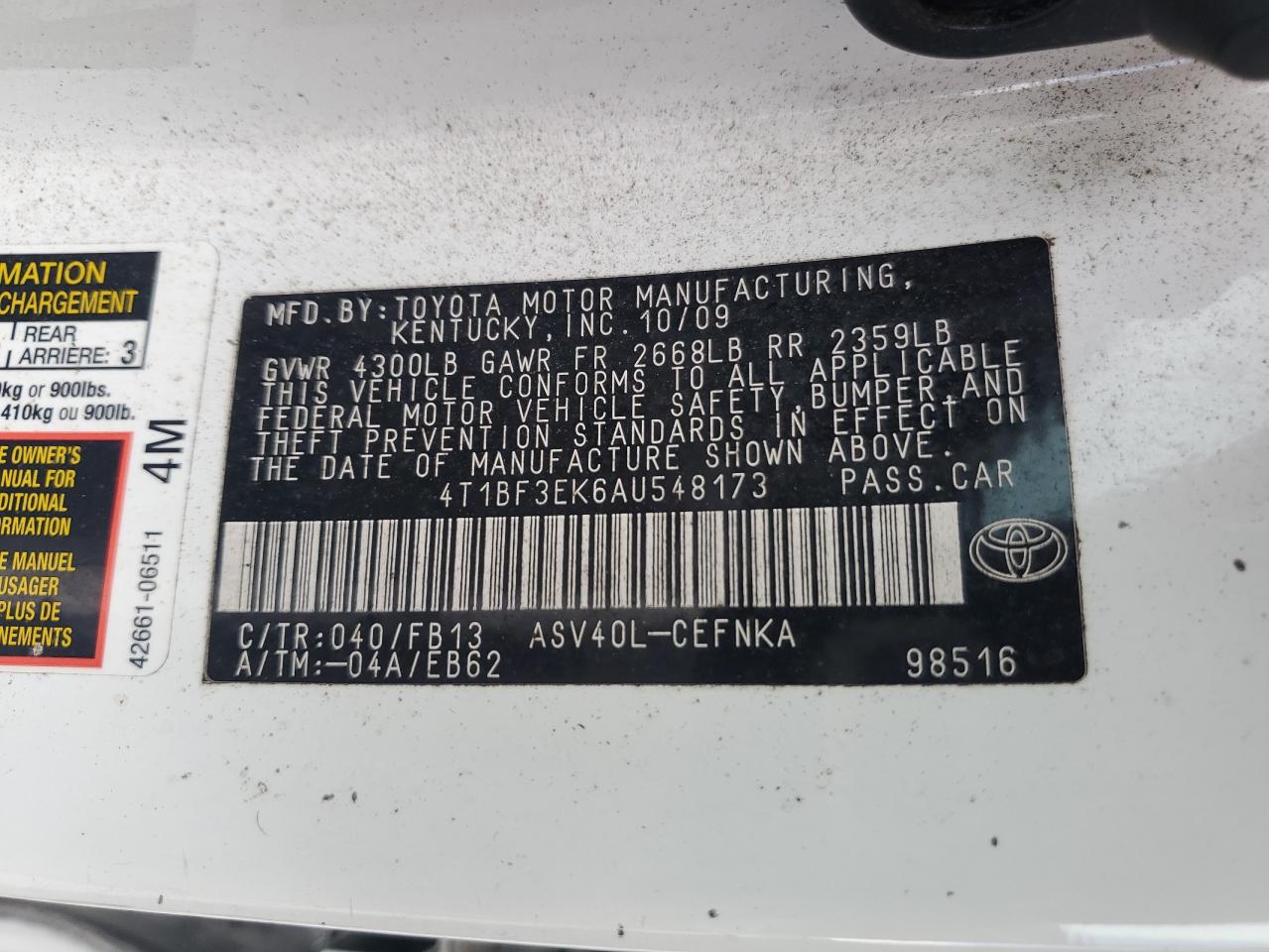2010 Toyota Camry Base VIN: 4T1BF3EK6AU548173 Lot: 64241345