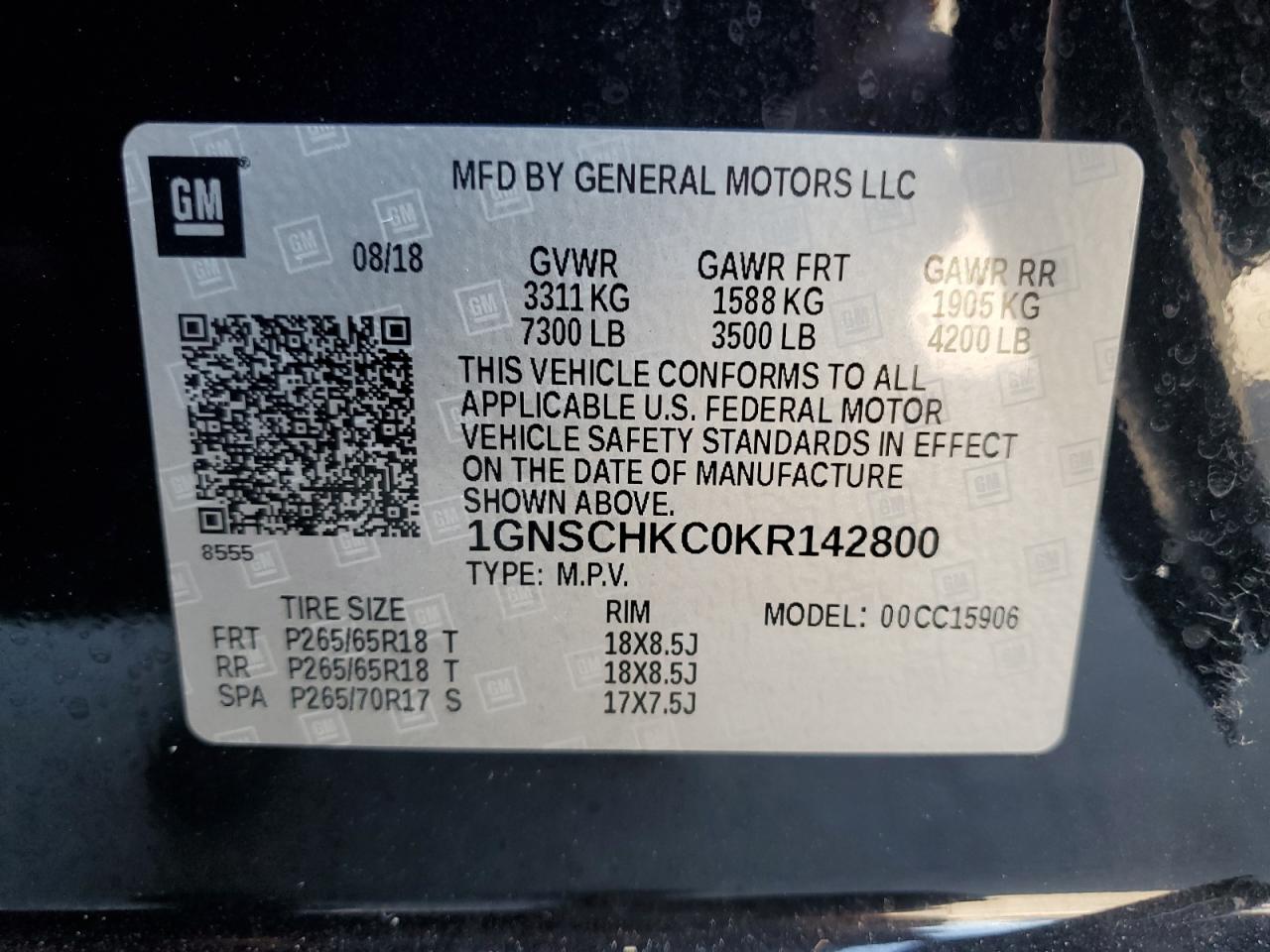 1gnschkc0kr142800 1GNSCHKC0KR142800 2019 Chevrolet Suburban C1500 Lt