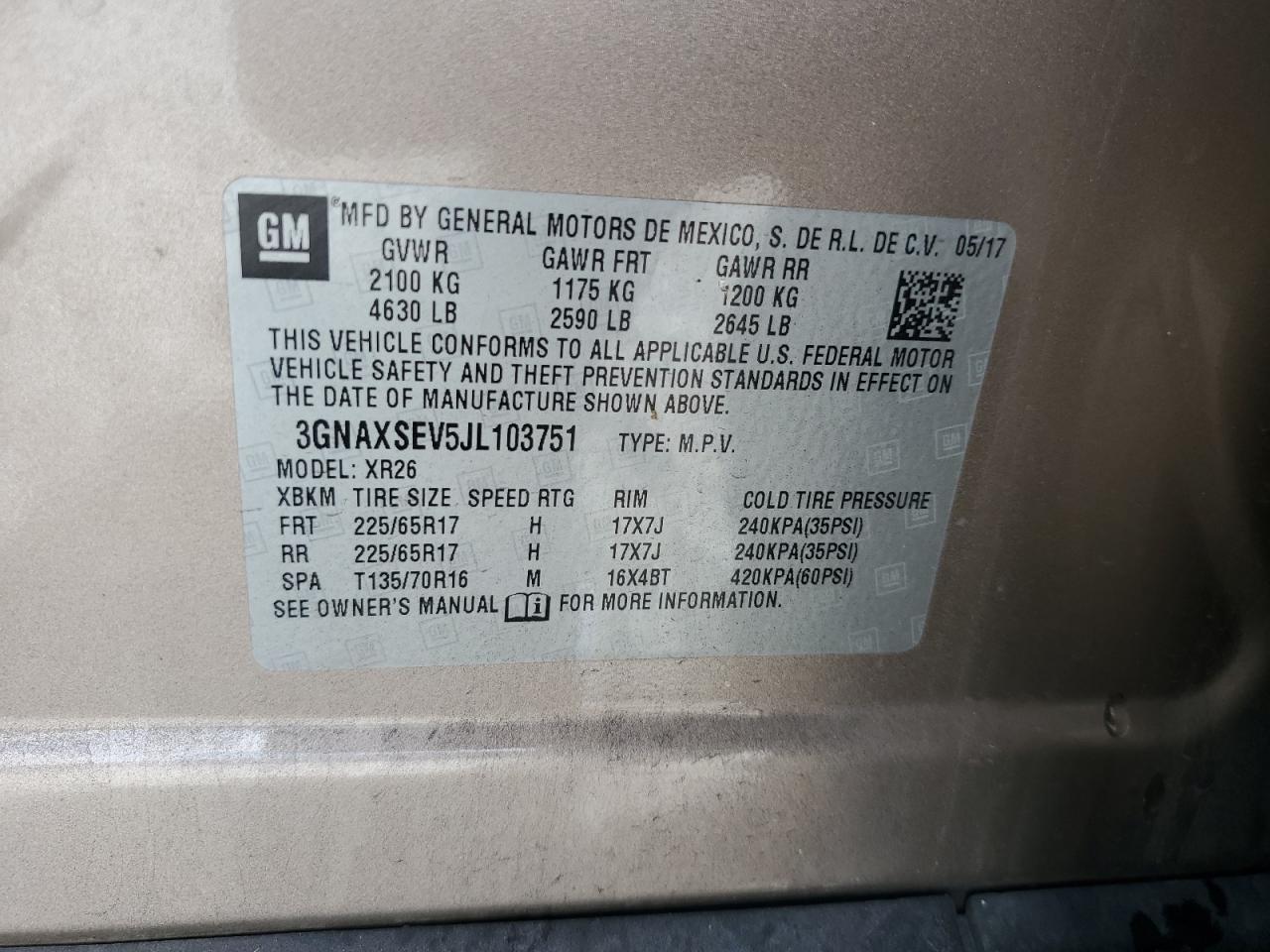 2018 Chevrolet Equinox Lt VIN: 3GNAXSEV5JL103751 Lot: 64990945
